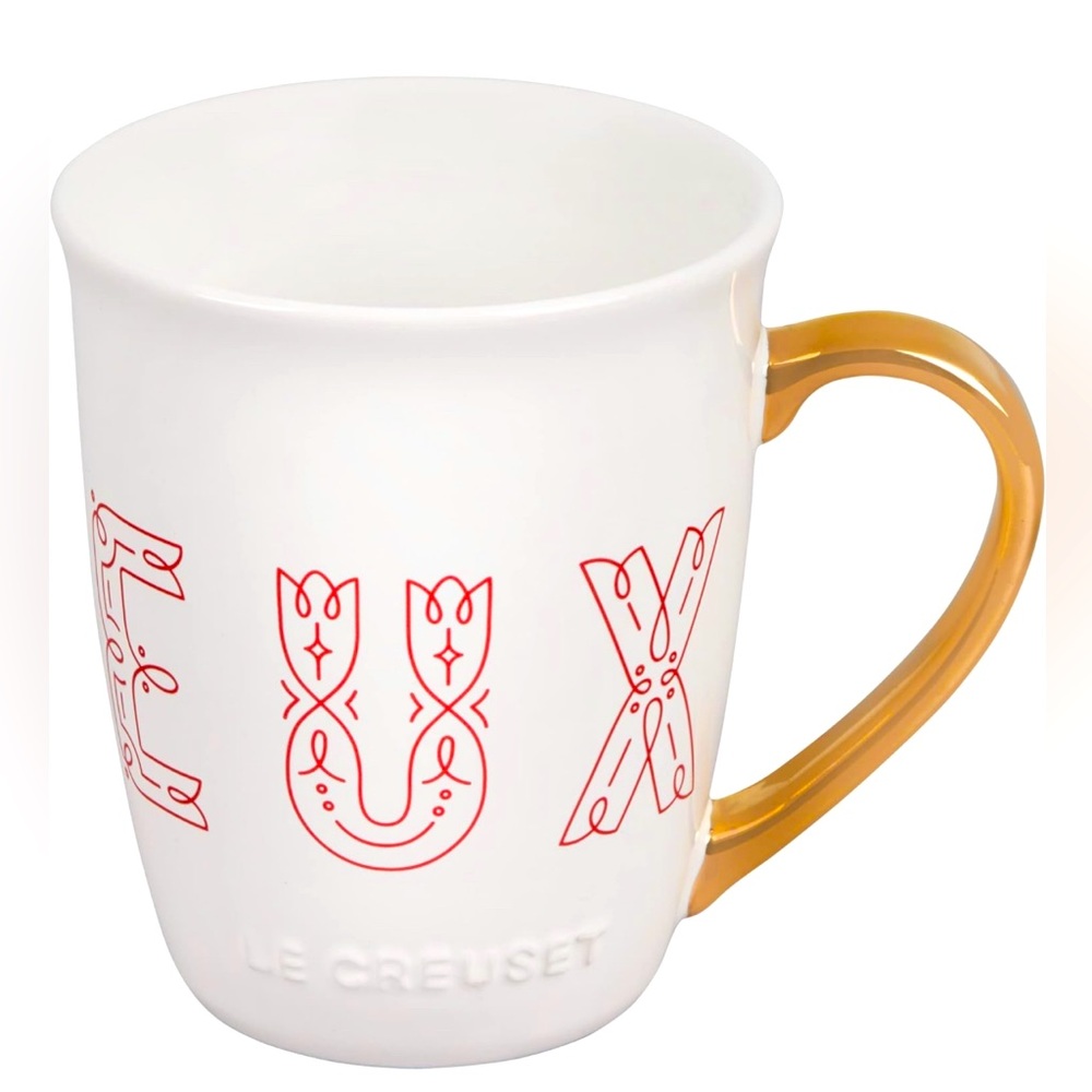 Le Creuset Noël Collection X-Large Joyeux Mug, 20 oz., White w/ Gold Handle, NWT - Picture 2 of 5